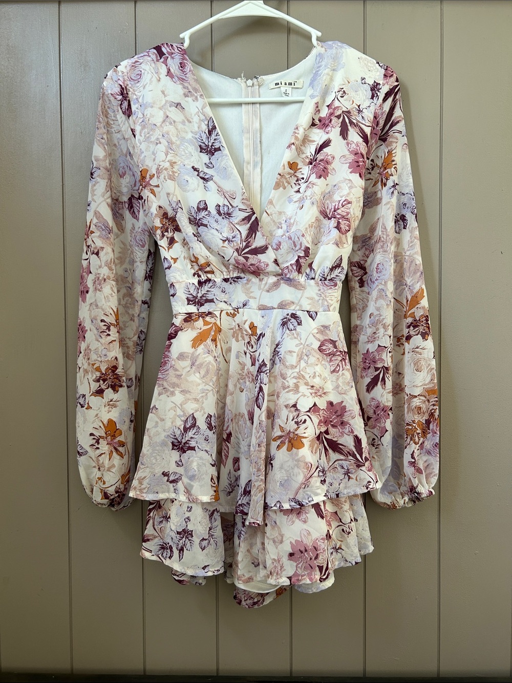 miami Floral Tiered Long-Sleeve Romper in White with Pink & Purple Floral Print